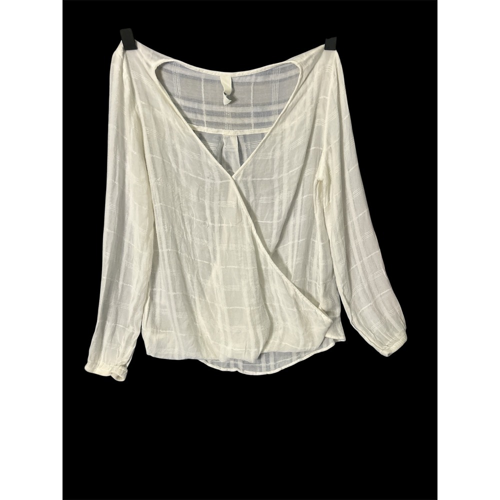 White Boho Peasant Surplice Wrap Blouse Long Sleeve Textured Plaid V-Neck Top